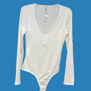 Free People Ribbed V-Neck Bodysuit White Top L NEW!